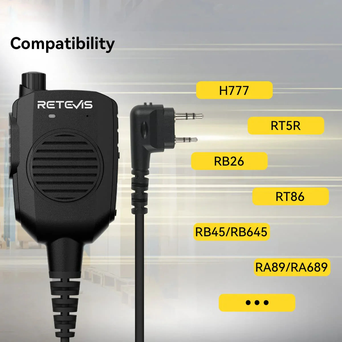 Black speaker microphone with compatibility list.