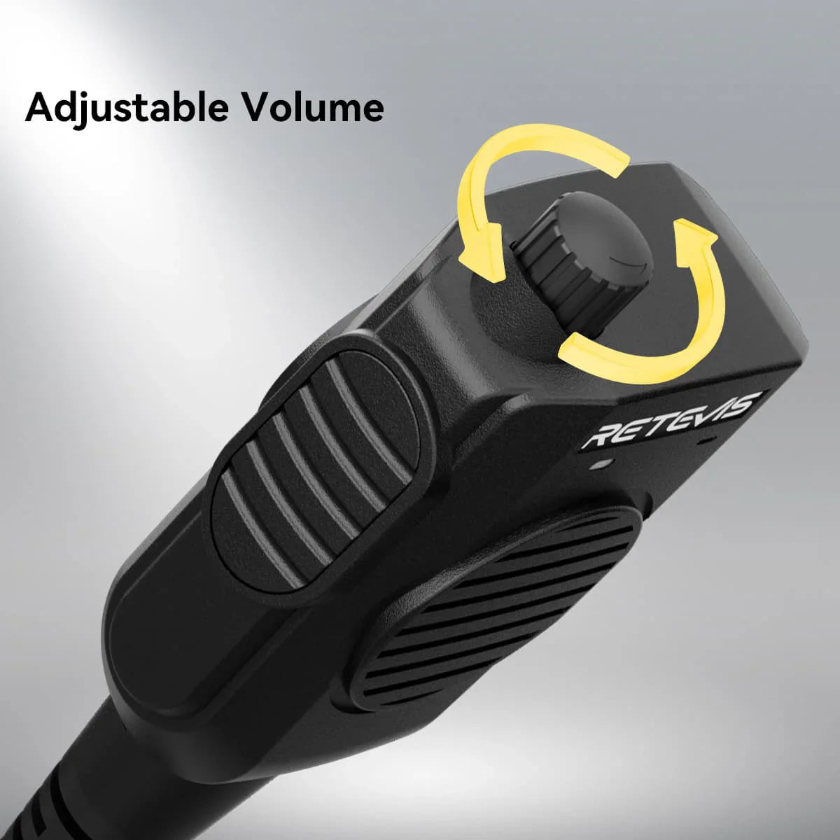 Black handheld microphone with adjustable volume.