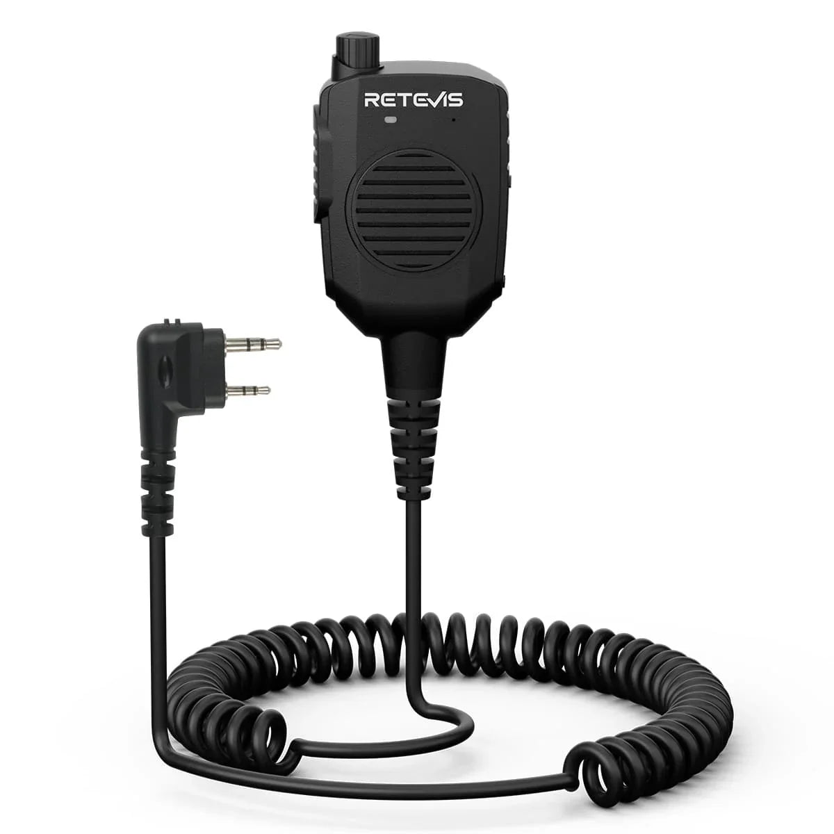 Black speaker microphone with coiled cord.