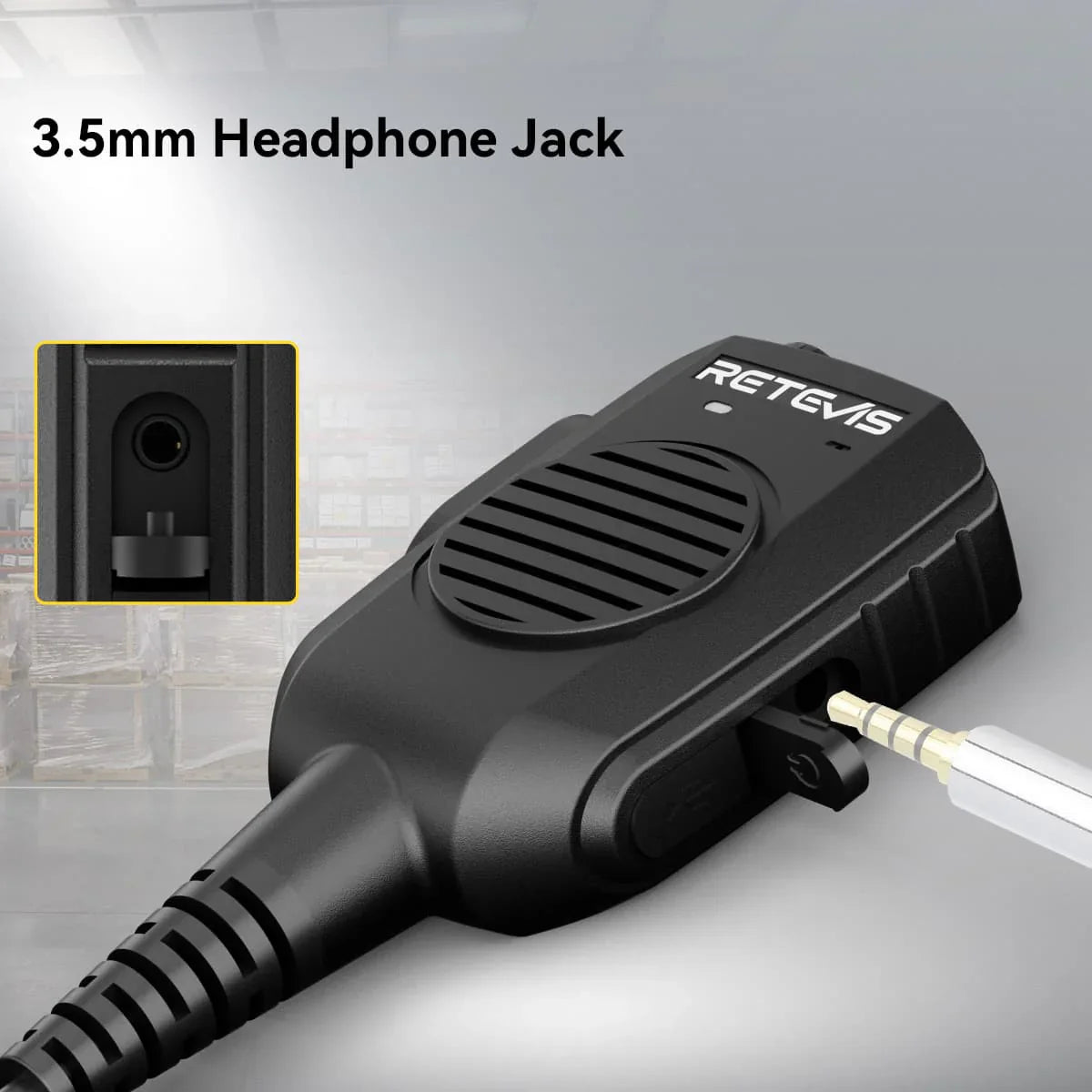 Black speaker microphone with 3.5mm jack.