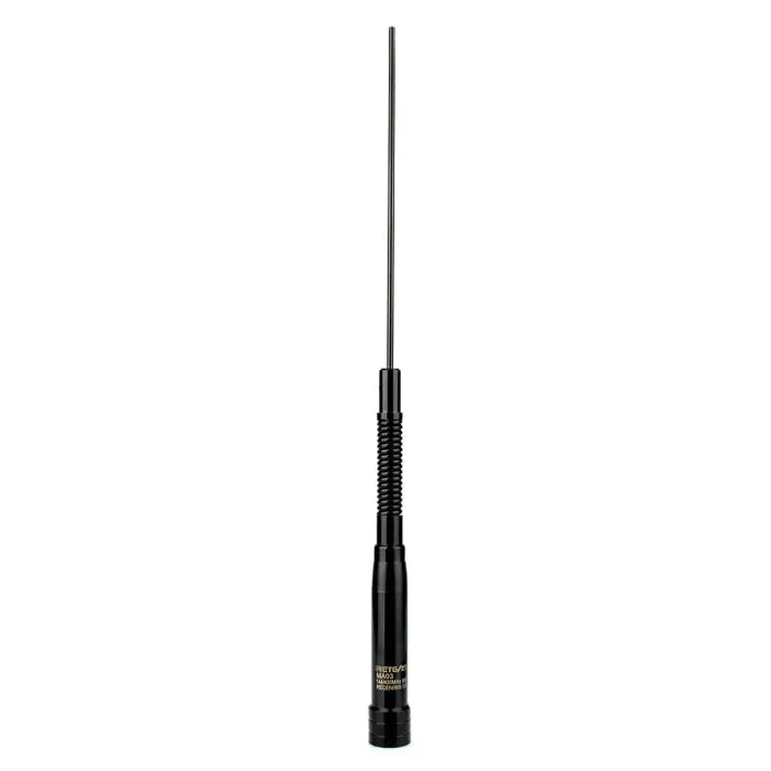 Black antenna with a thin, straight rod.