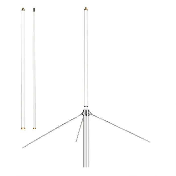 White vertical antenna with metal base.