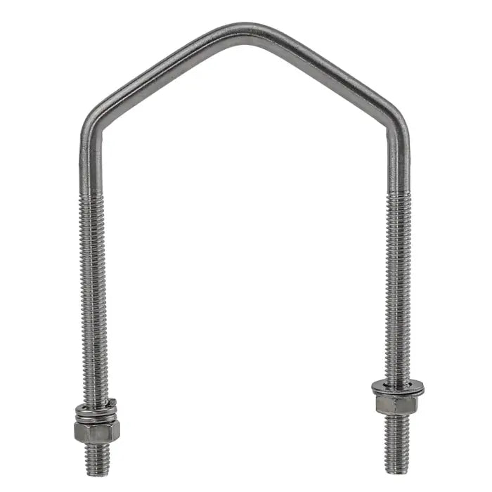 U-bolt with threaded ends, nuts, and washers.