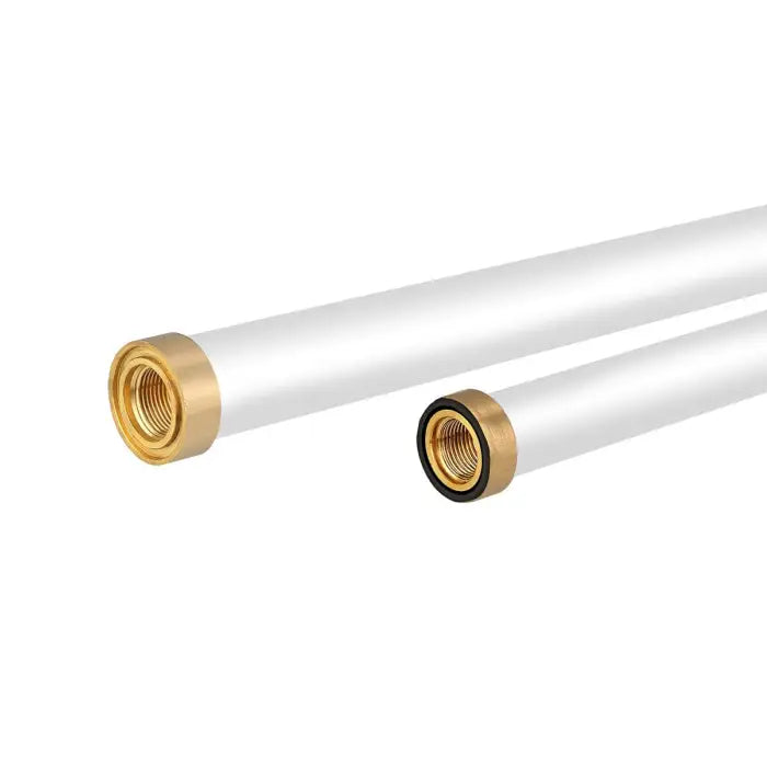 White pipes with threaded brass fittings.