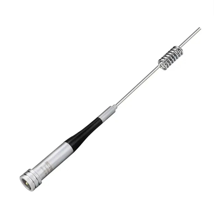 Silver antenna with spring coil.