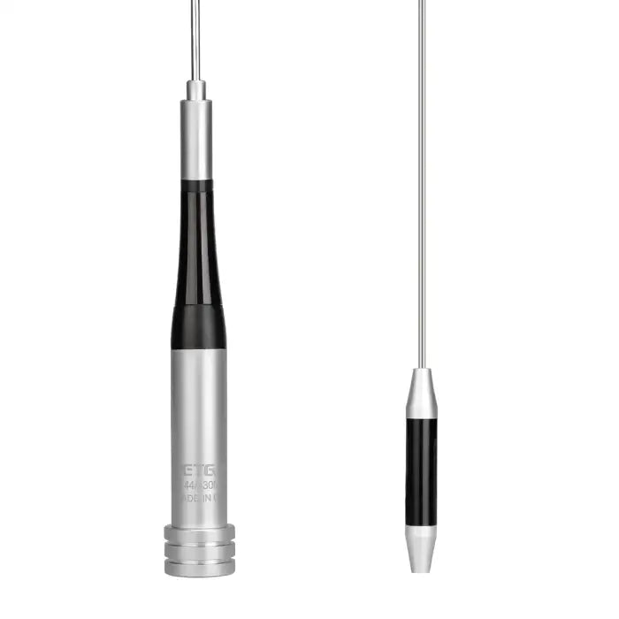 Two silver and black antennas.