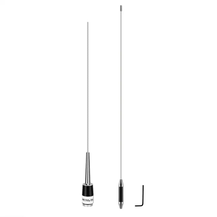 Two silver antennas and a hex wrench.