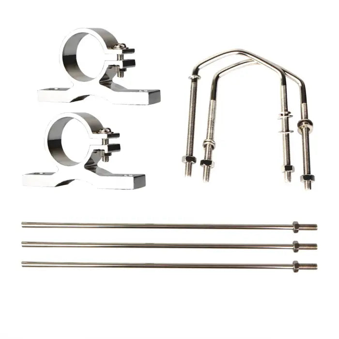 Chrome-plated metal mounting hardware.