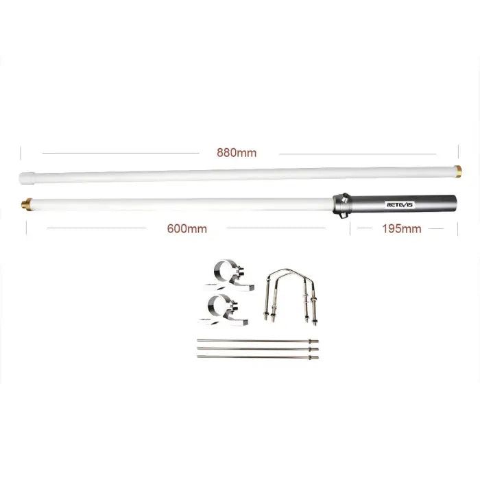 Antenna with mounting hardware and dimensions.