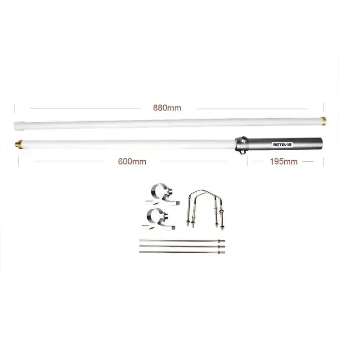 Antenna with mounting hardware and dimensions.