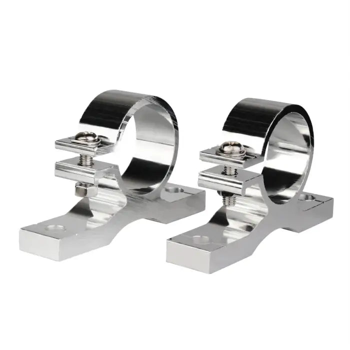 Two polished metal mounting brackets.