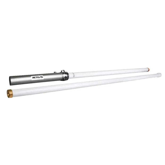 Two white antennas with a silver base.