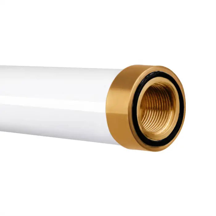 White pipe with threaded brass fitting.