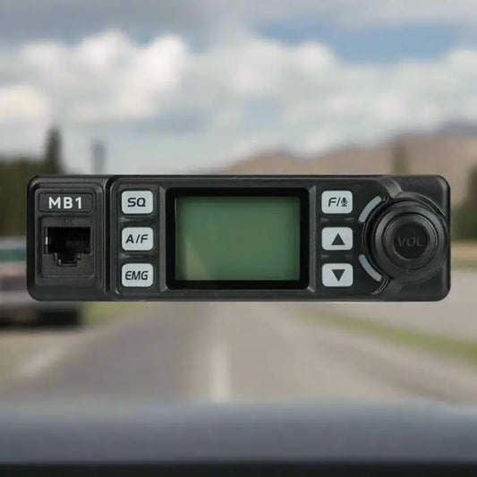 Black CB radio with display screen.