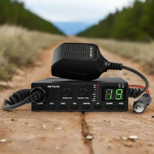 Black CB radio with microphone.
