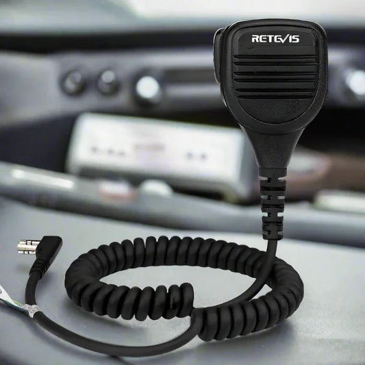 Black coiled microphone with plug.