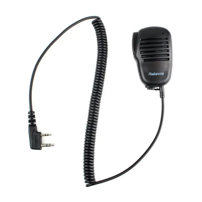 Black speaker microphone with coiled cord.