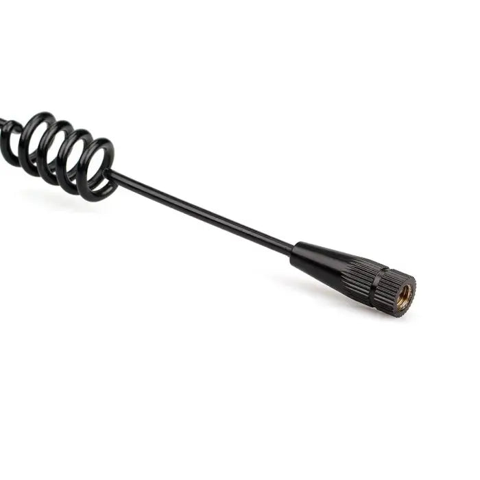 Black coiled antenna with threaded connector.