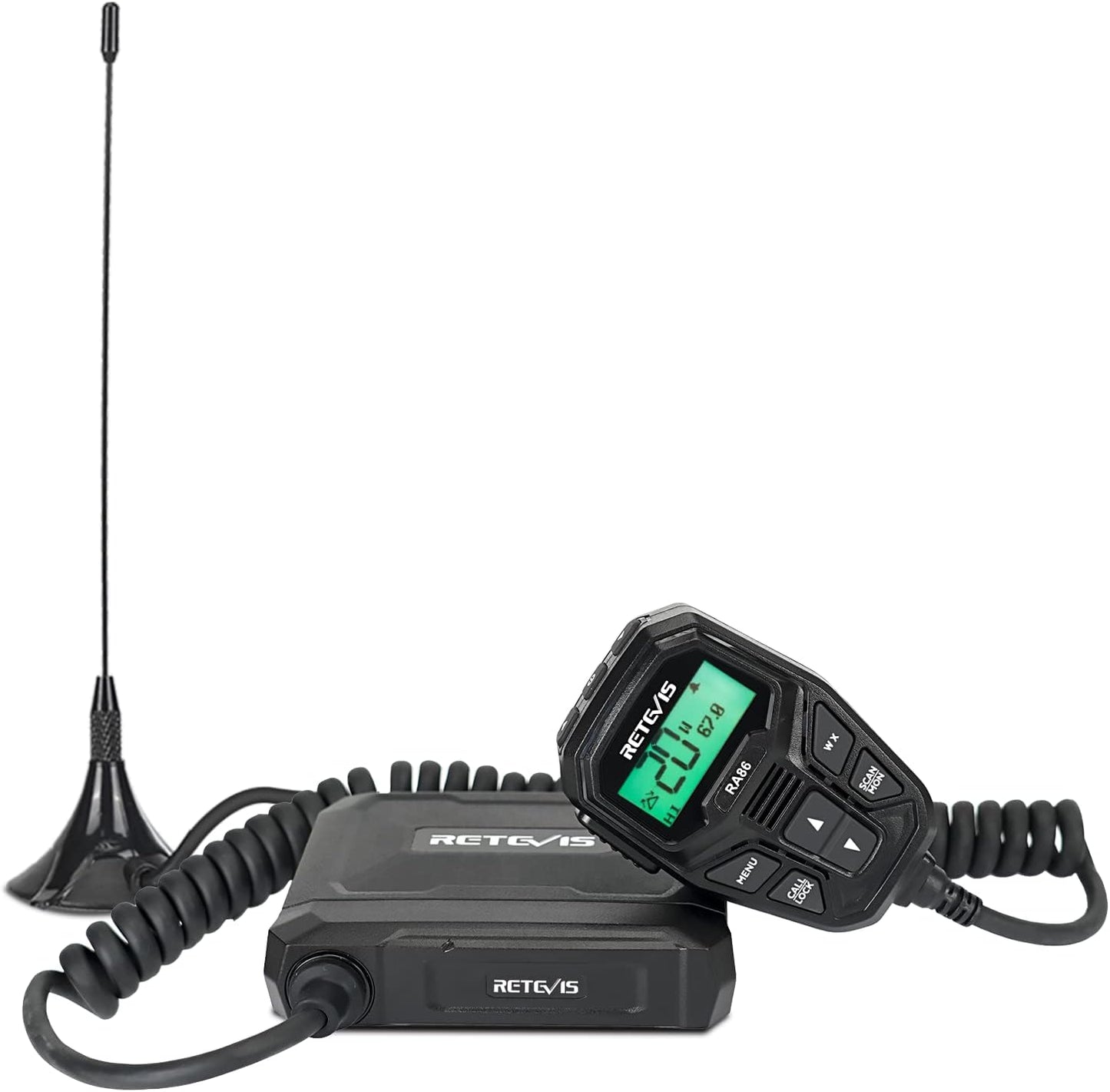Black two-way radio with antenna.