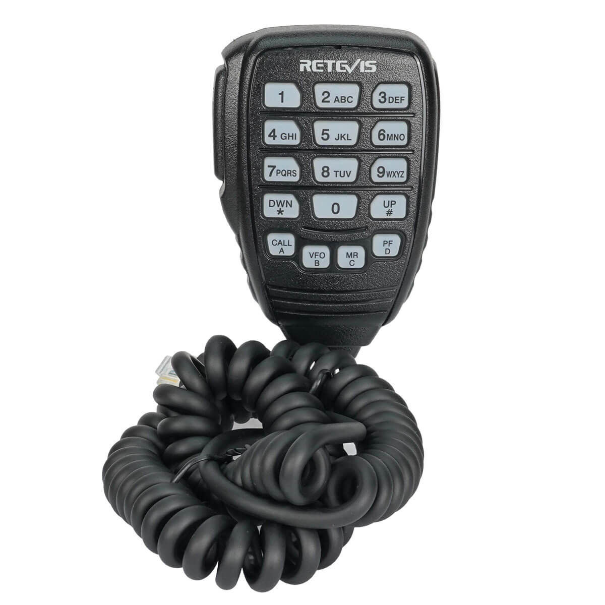 Black handheld microphone with coiled cord.
