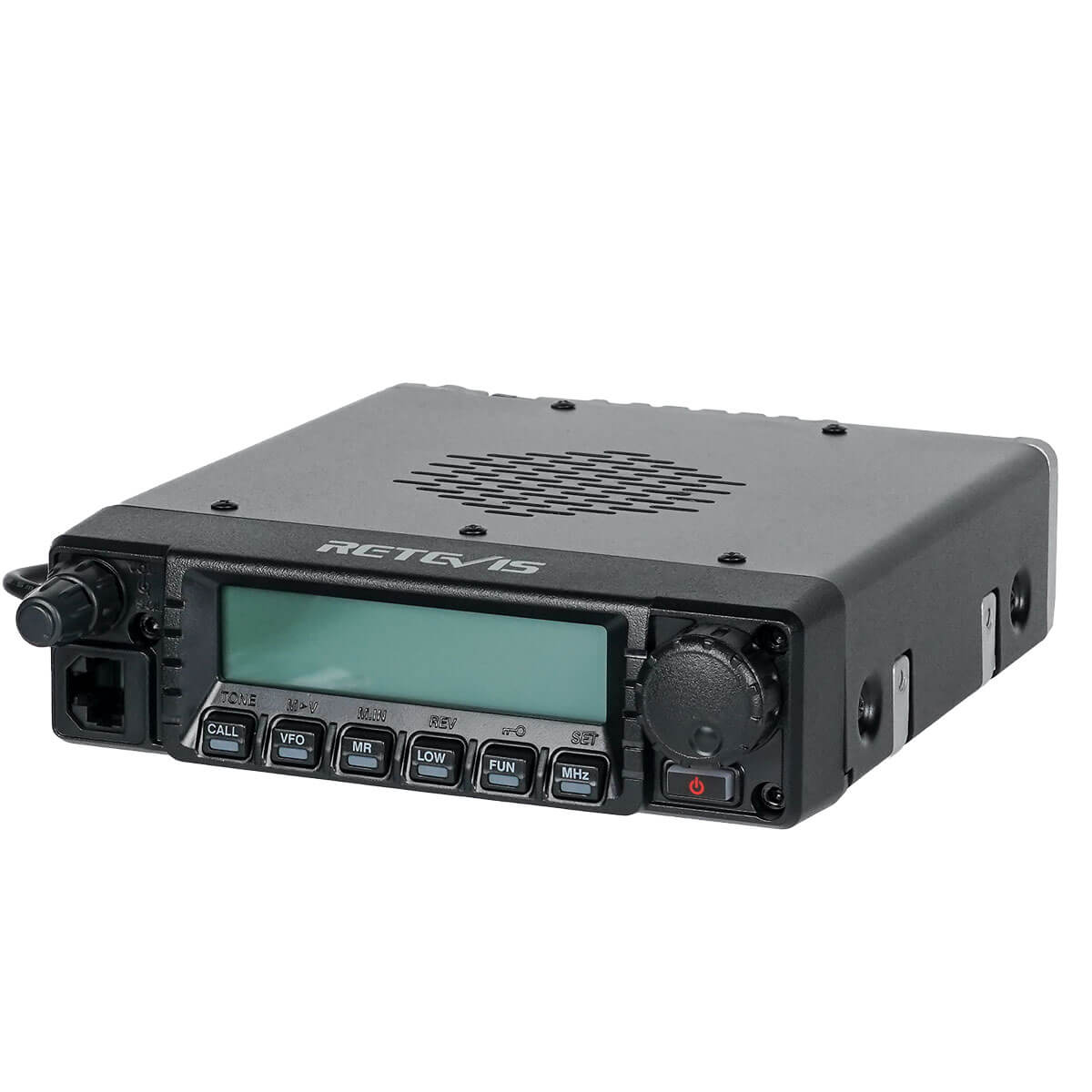 Black two-way radio transceiver.