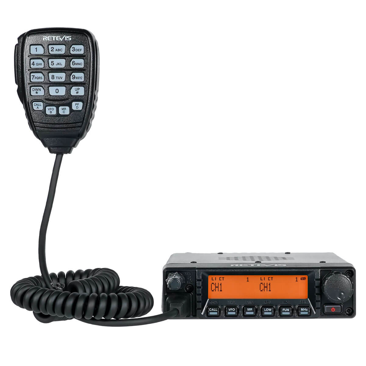 Black two-way radio with microphone.
