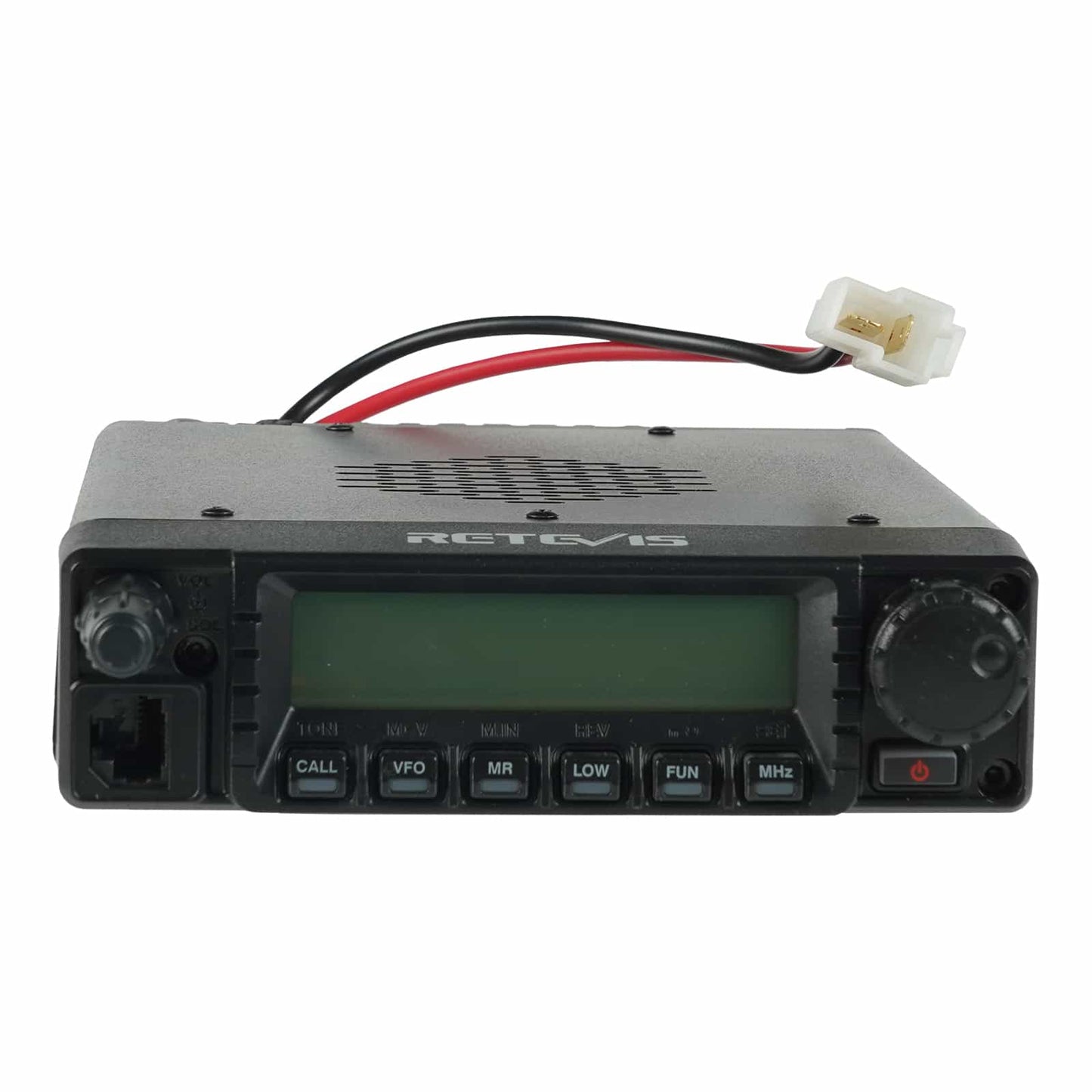 Black mobile two-way radio with power cable.