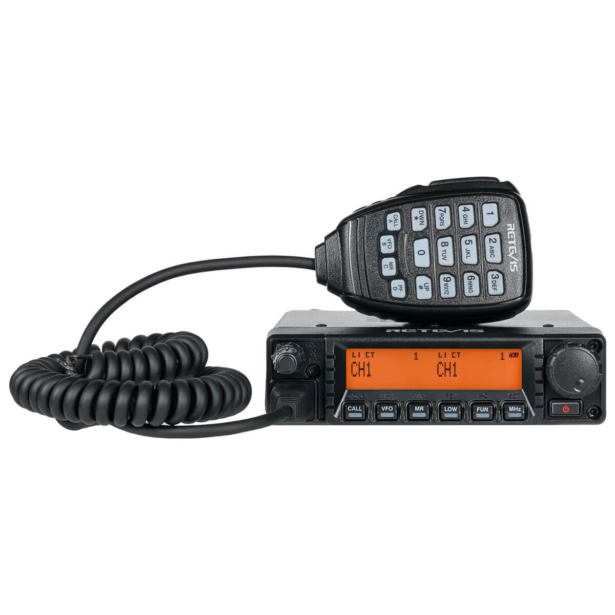 Black two-way radio with microphone.