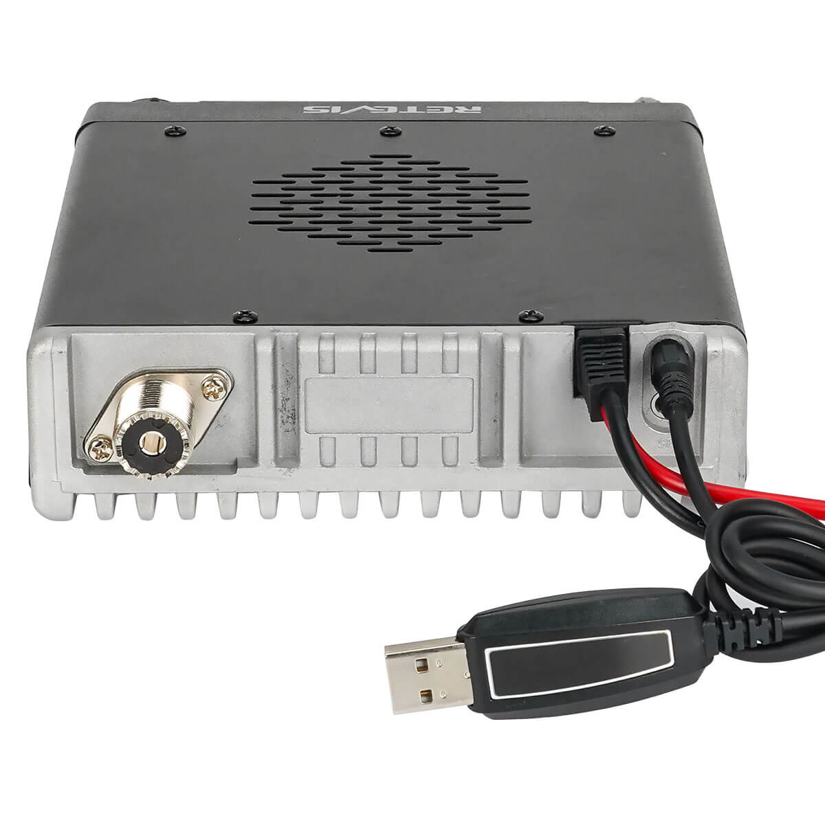 Gray two-way radio with attached cables.