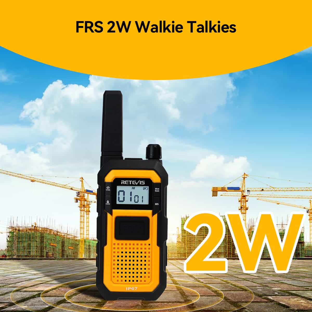 Yellow and black FRS 2W walkie-talkie with a digital display.