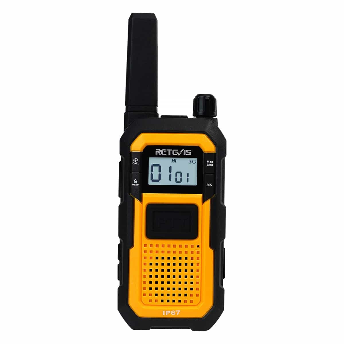 Black and yellow two-way radio with an antenna and digital display.