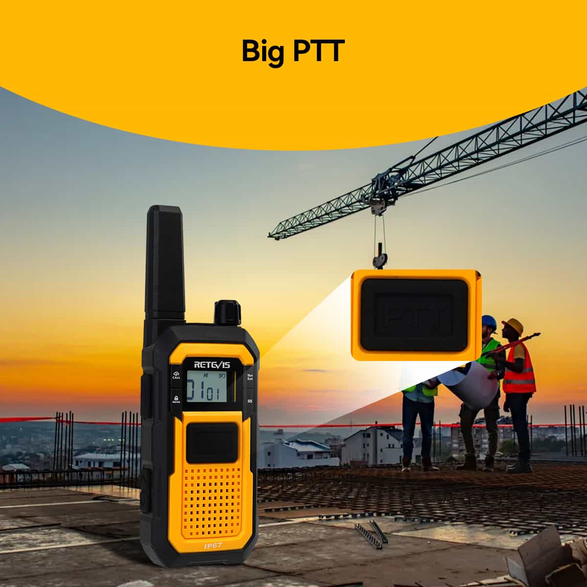 Rugged two-way radio with a digital display and large push-to-talk button.
