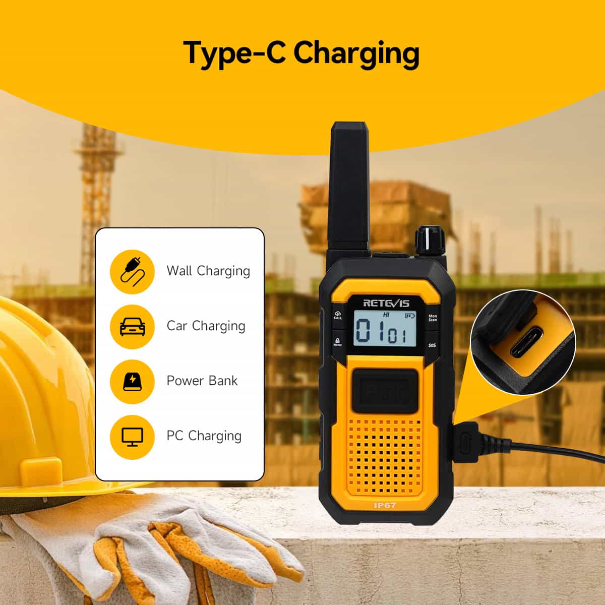 Yellow and black walkie-talkie with Type-C charging capability