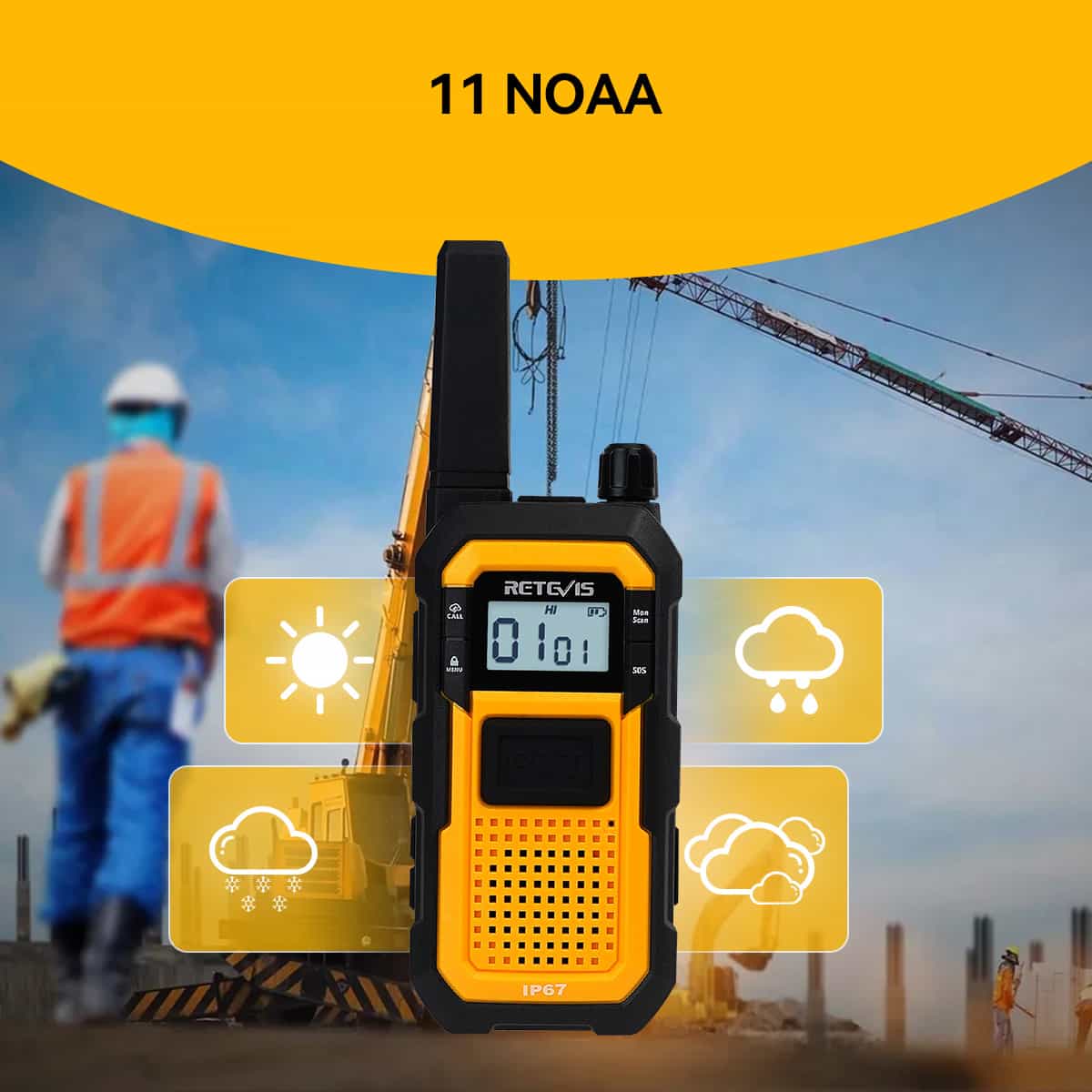 Yellow and black two-way radio with a digital display.