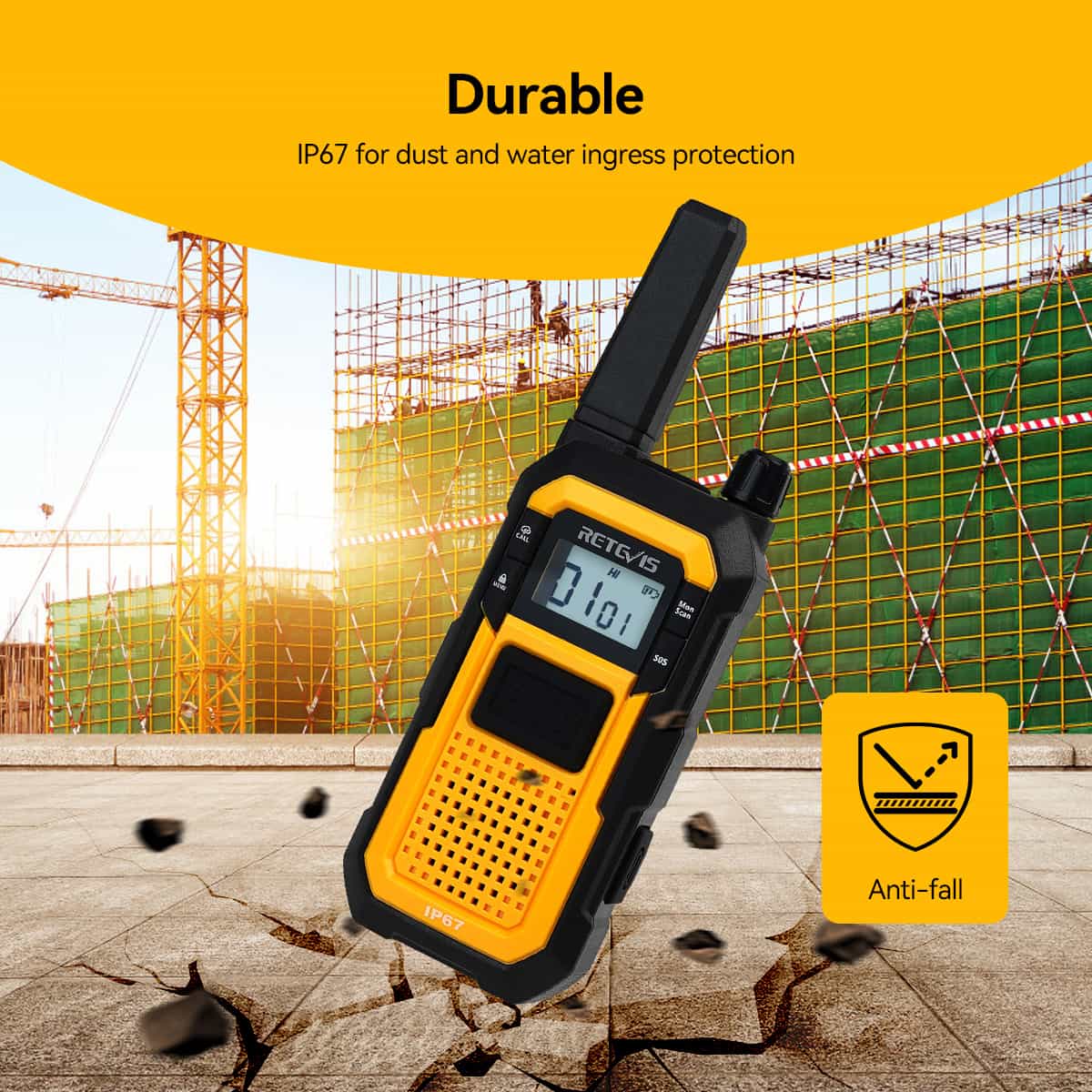 Rugged, waterproof, and dustproof two-way radio with anti-fall protection.