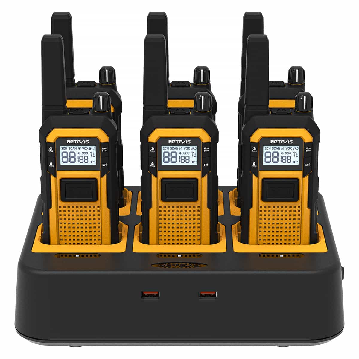 Six yellow and black two-way radios in a multi-bay charging station with USB ports.