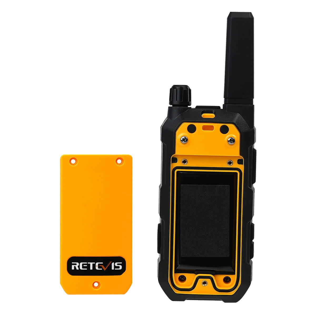 Disassembled yellow and black two-way radio with a removable battery cover.