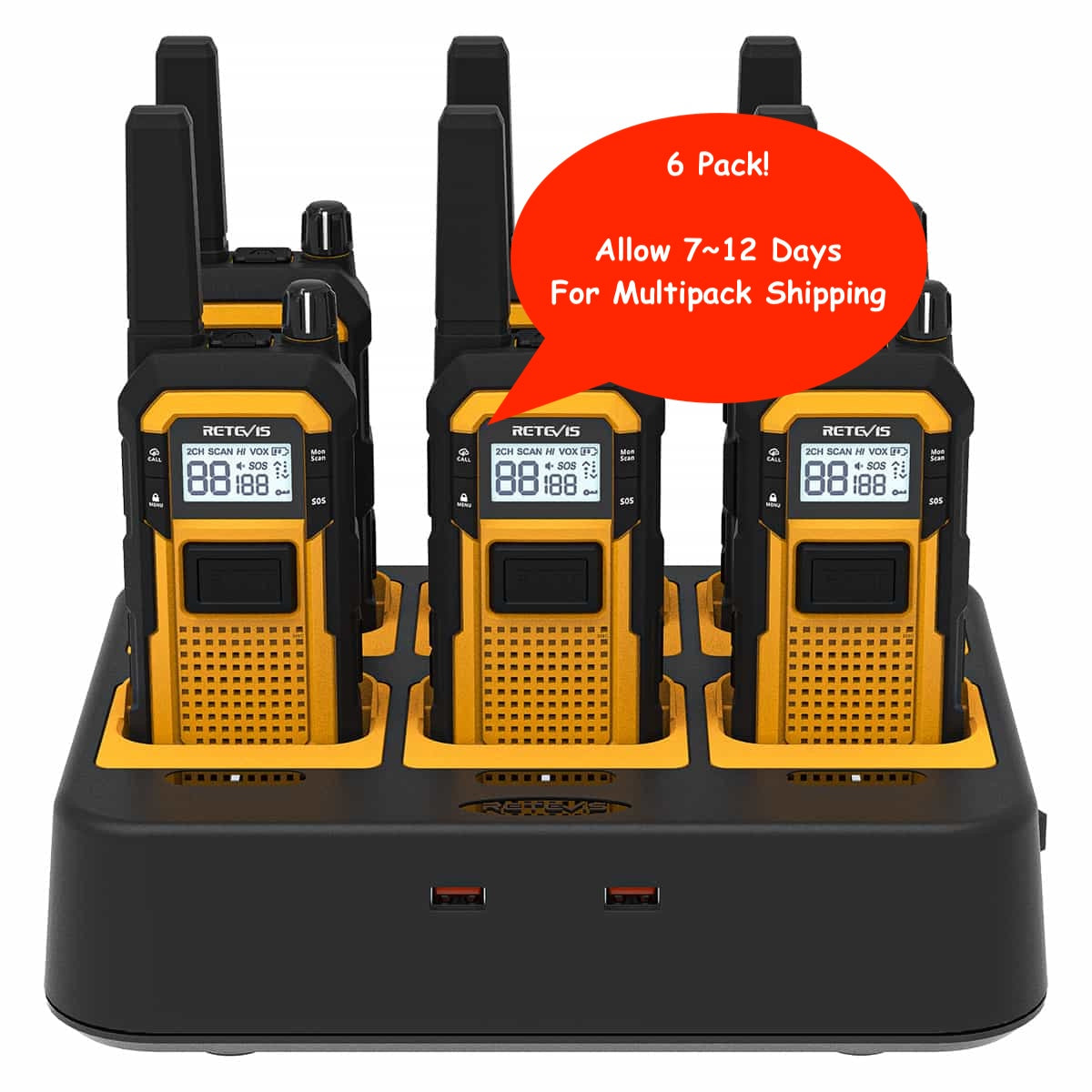Six two-way radios in a multi-charger base.