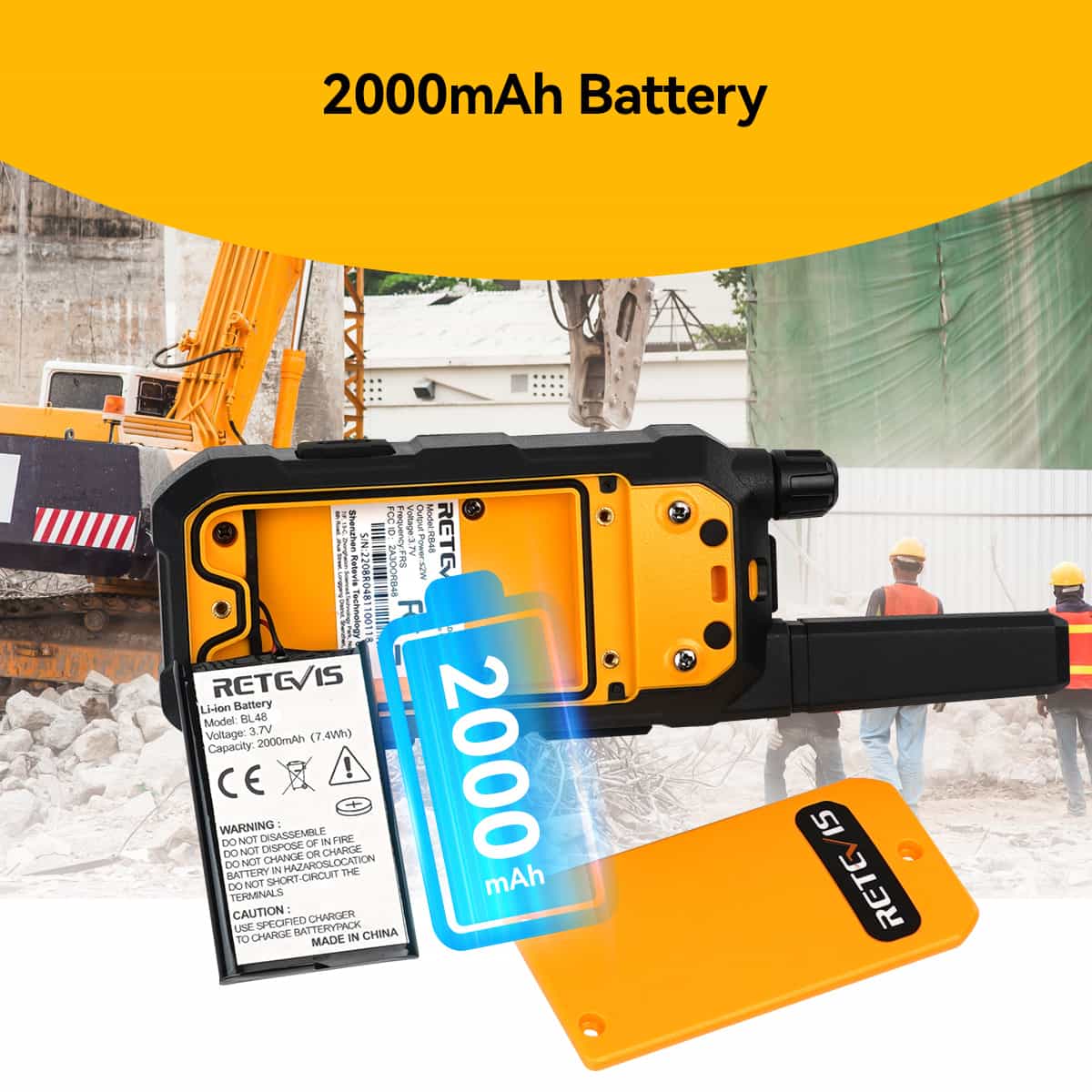 A two-way radio with its 2000mAh battery and back cover removed.