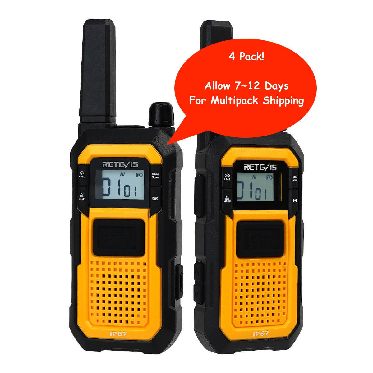 Two yellow and black walkie-talkies with digital displays.