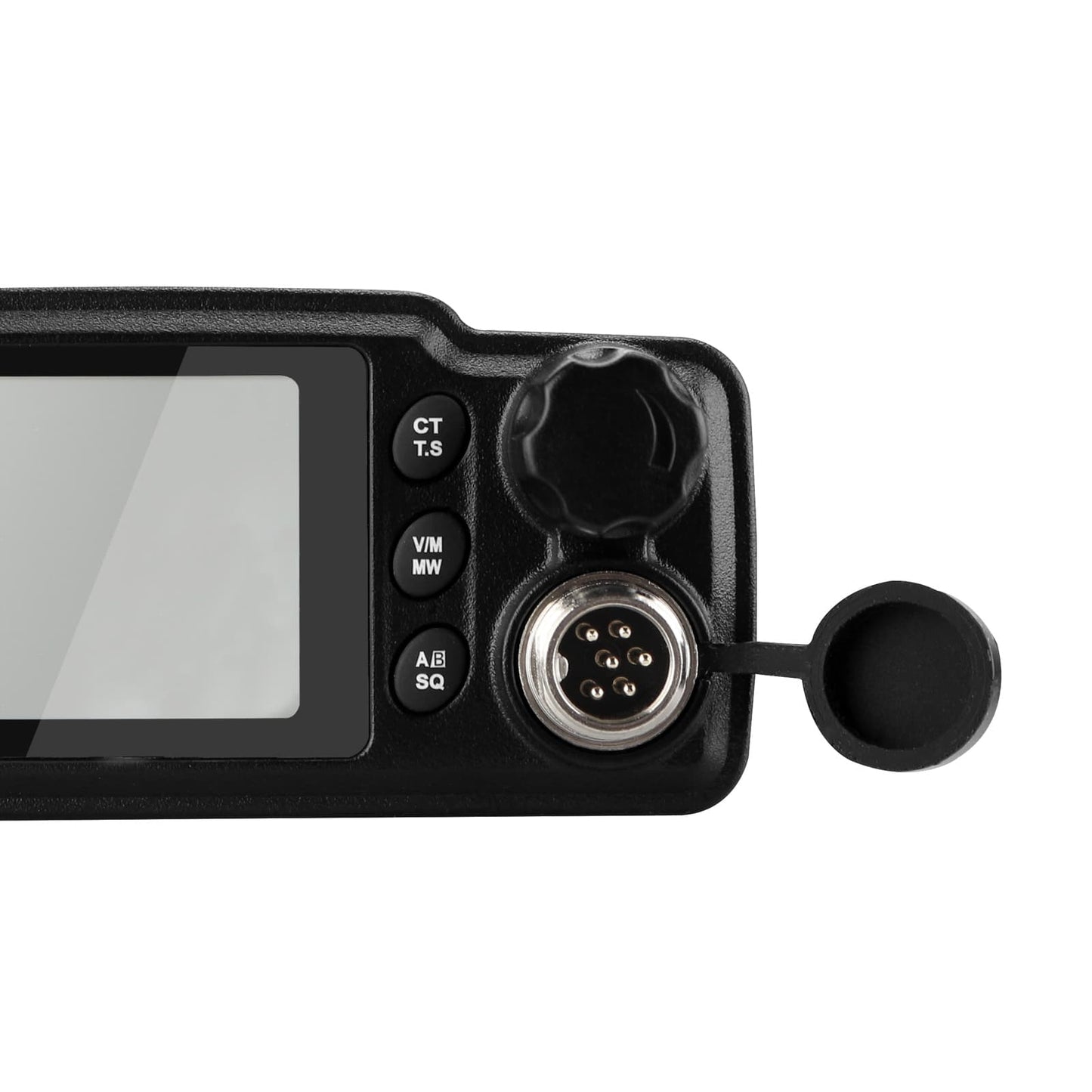 Black electronic device with screen and connector.