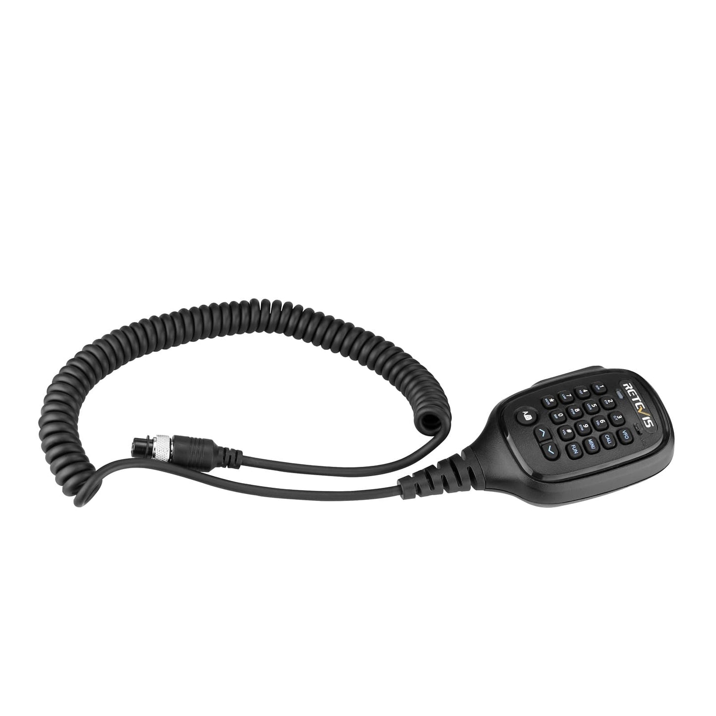 Black handheld microphone with coiled cord.