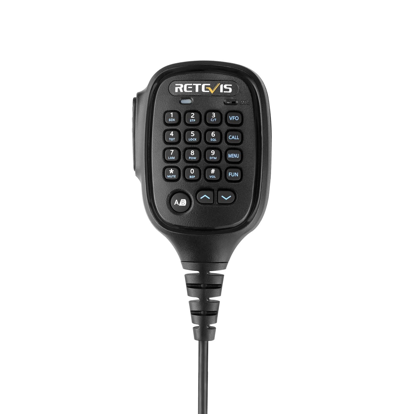 Black handheld microphone with keypad.