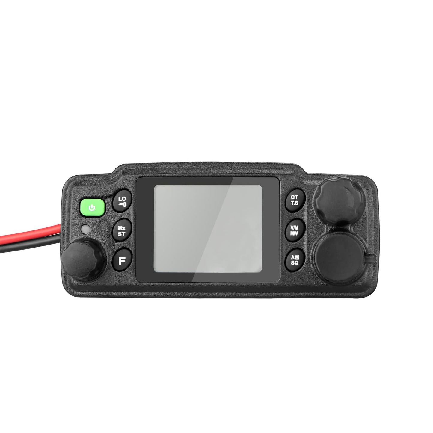 Black two-way radio with a screen.