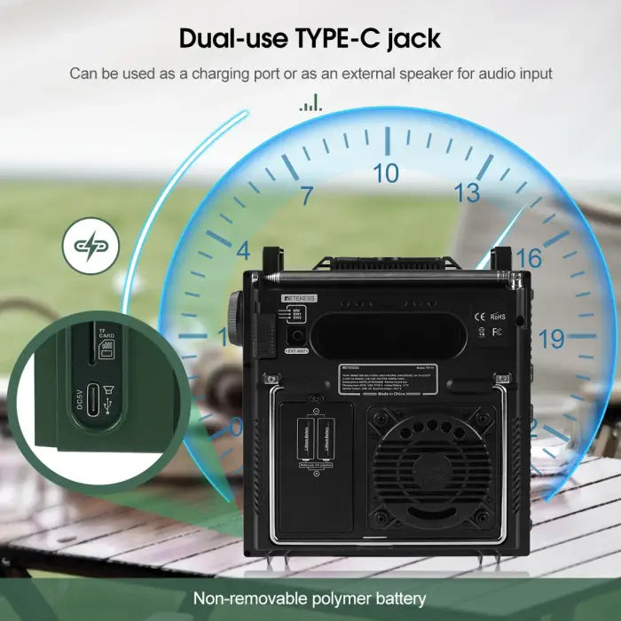 Black portable radio with a dual-use Type-C jack.