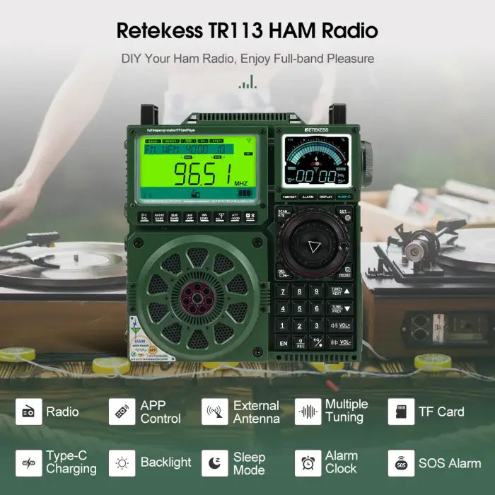 Green Retekess TR113 HAM radio.