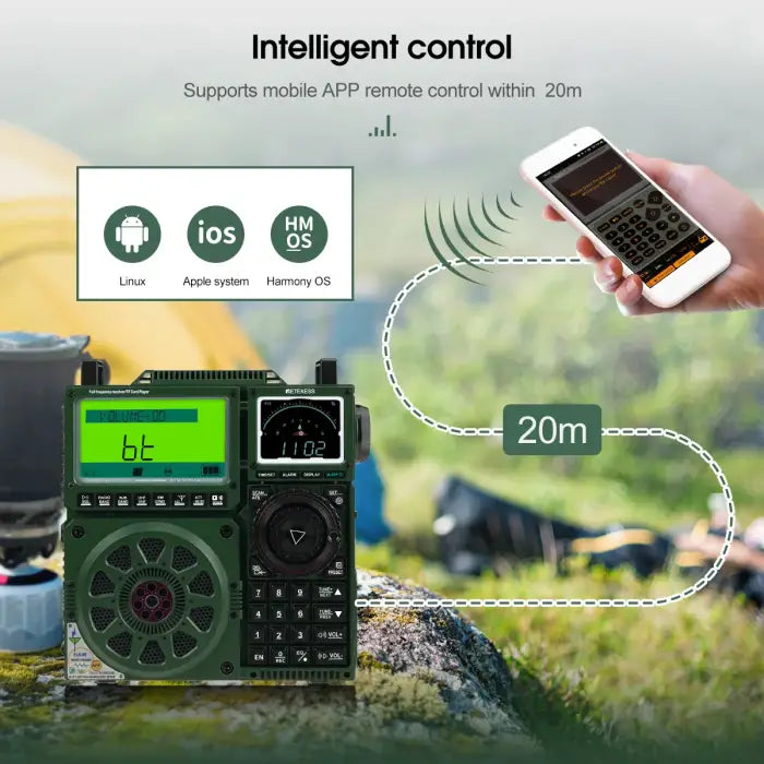 Green portable radio with smartphone control.