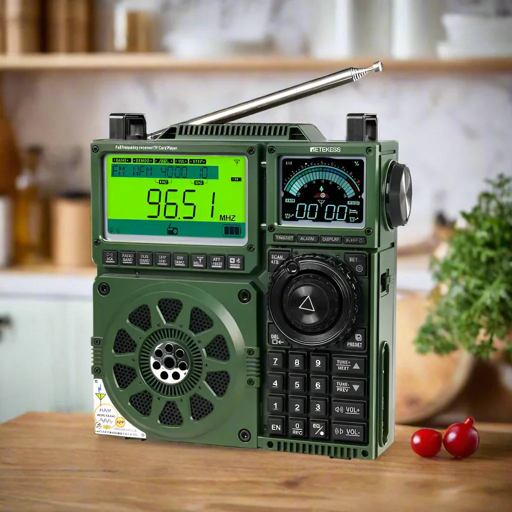 Green shortwave radio with digital display.