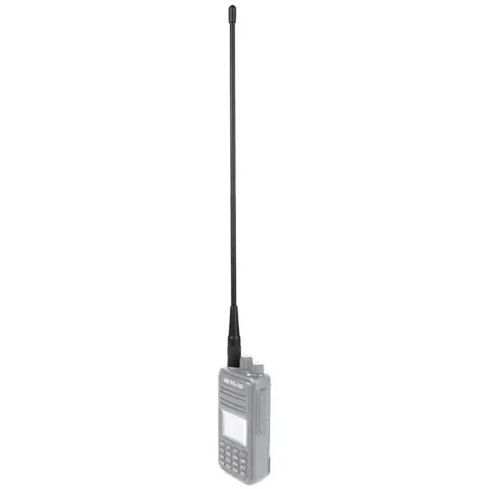 Gray walkie-talkie with black antenna.