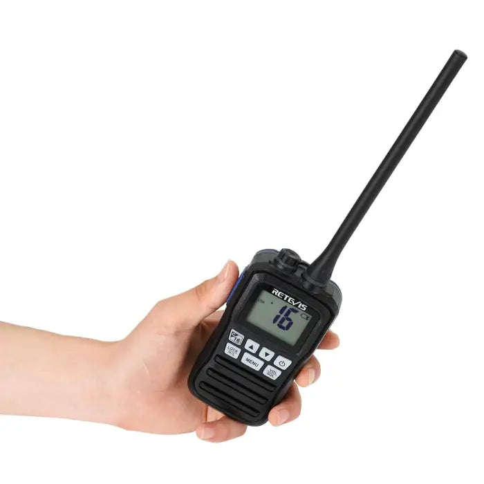 Black handheld radio with antenna.